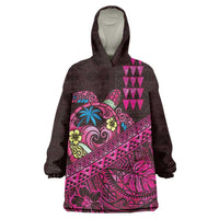 Hawaiian Abstract Sea Turtle Wearable Blanket Hoodie Polynesian Tapa Art and Kakau Tattoo Pink WaterColor LT03 One Size Black - Polynesian Pride