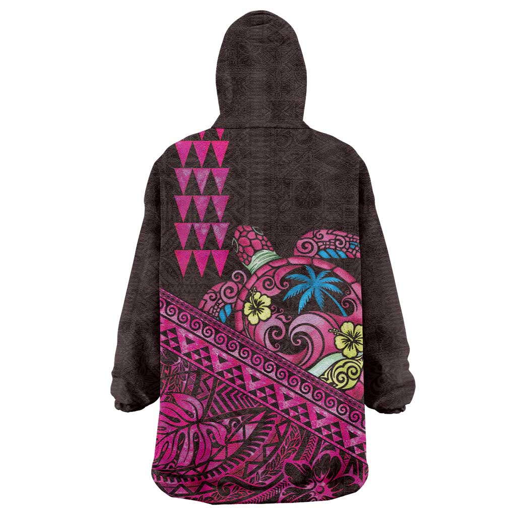 Hawaiian Abstract Sea Turtle Wearable Blanket Hoodie Polynesian Tapa Art and Kakau Tattoo Pink WaterColor LT03 - Polynesian Pride