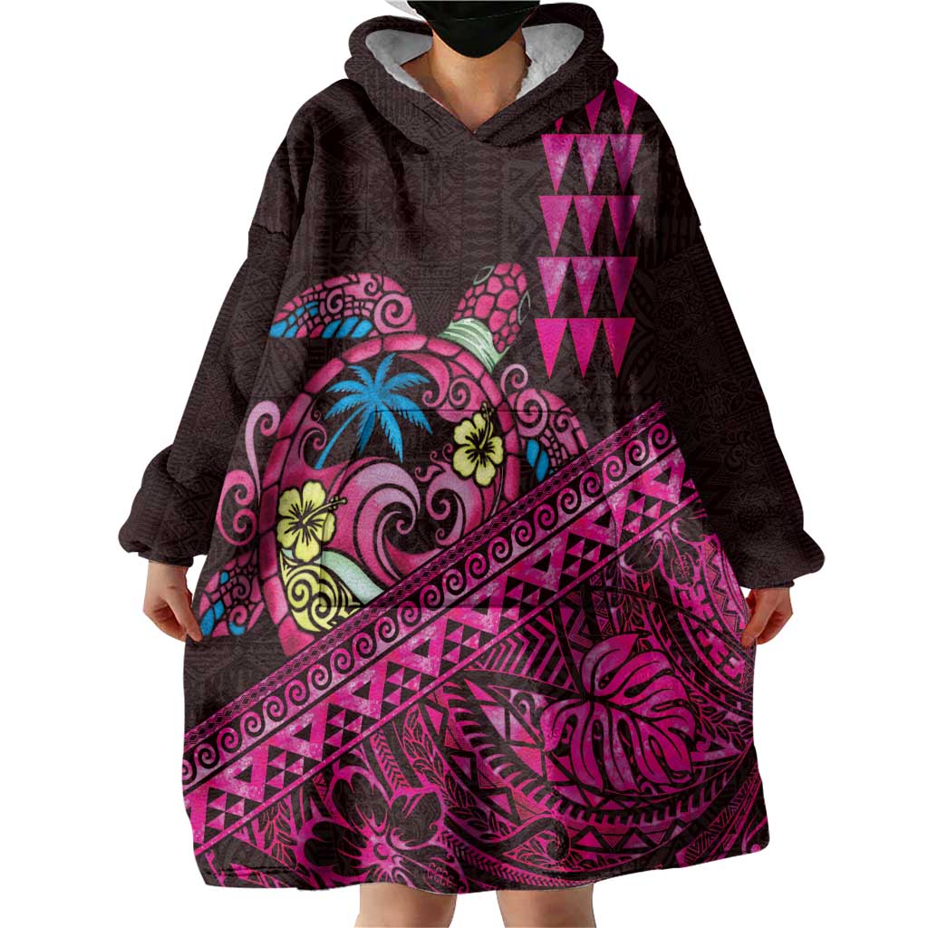 Hawaiian Abstract Sea Turtle Wearable Blanket Hoodie Polynesian Tapa Art and Kakau Tattoo Pink WaterColor LT03 - Polynesian Pride