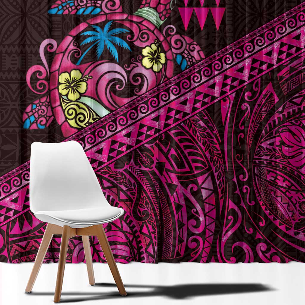 Hawaiian Abstract Sea Turtle Window Curtain Polynesian Tapa Art and Kakau Tattoo Pink WaterColor LT03 - Polynesian Pride