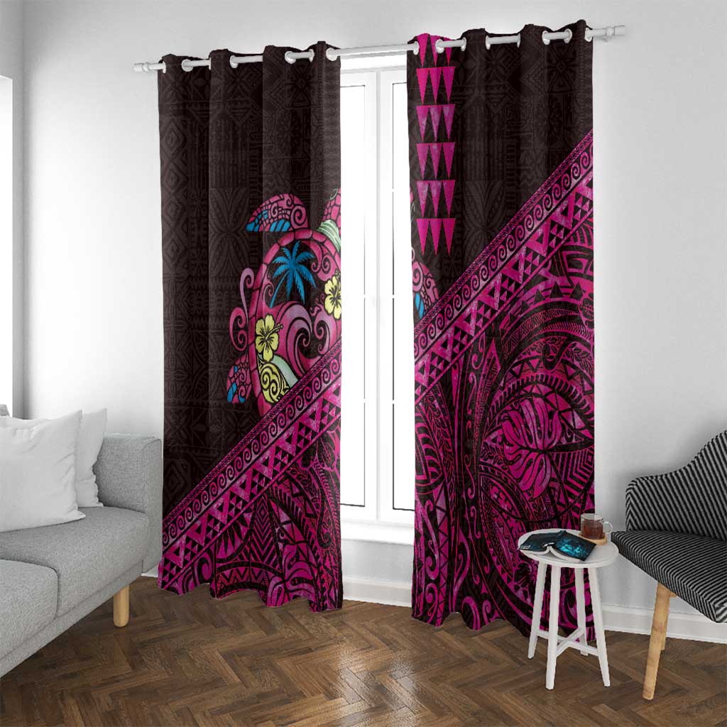 Hawaiian Abstract Sea Turtle Window Curtain Polynesian Tapa Art and Kakau Tattoo Pink WaterColor LT03 With Grommets Black - Polynesian Pride
