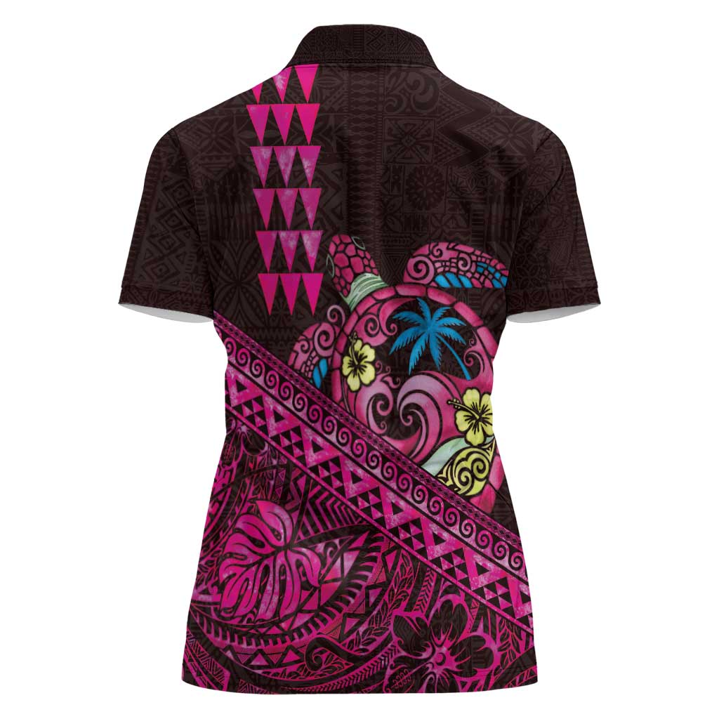 Hawaiian Abstract Sea Turtle Women Polo Shirt Polynesian Tapa Art and Kakau Tattoo Pink WaterColor - Polynesian Pride
