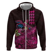 Hawaiian Abstract Sea Turtle Zip Hoodie Polynesian Tapa Art and Kakau Tattoo Pink WaterColor LT03 Zip Hoodie Black - Polynesian Pride