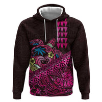 Hawaiian Abstract Sea Turtle Zip Hoodie Polynesian Tapa Art and Kakau Tattoo Pink WaterColor LT03 Pullover Hoodie Black - Polynesian Pride