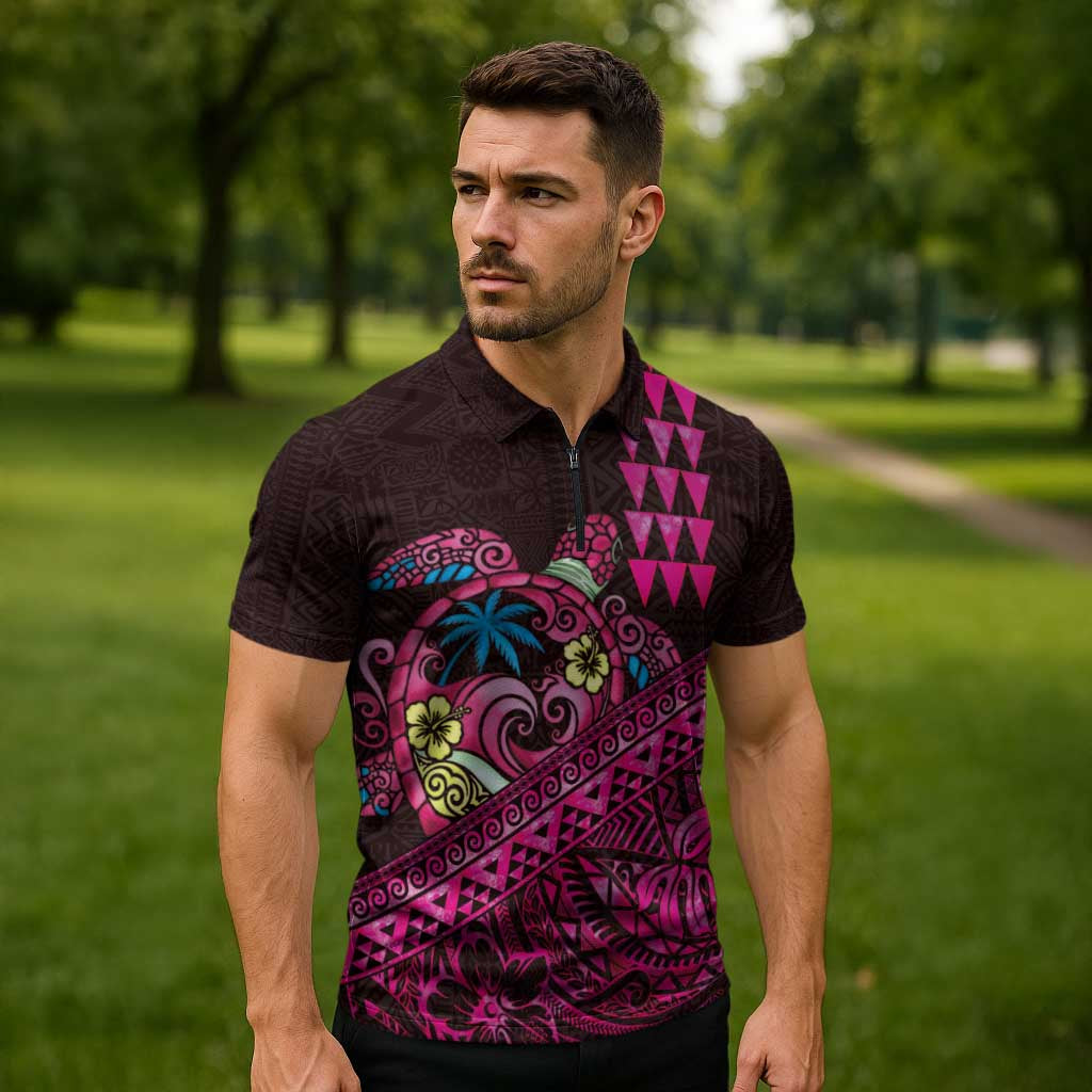 Hawaiian Abstract Sea Turtle Zipper Polo Shirt Polynesian Tapa Art and Kakau Tattoo Pink WaterColor LT03 - Polynesian Pride
