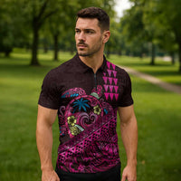 Hawaiian Abstract Sea Turtle Zipper Polo Shirt Polynesian Tapa Art and Kakau Tattoo Pink WaterColor LT03 - Polynesian Pride