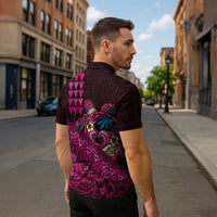 Hawaiian Abstract Sea Turtle Zipper Polo Shirt Polynesian Tapa Art and Kakau Tattoo Pink WaterColor LT03 - Polynesian Pride