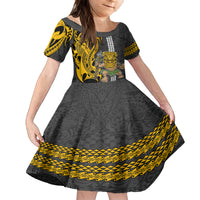 Hawaii Island Kid Short Sleeve Dress Hawaiian Warrior and Kakau Symbols Abstract Tattoo LT03 KID Yellow - Polynesian Pride