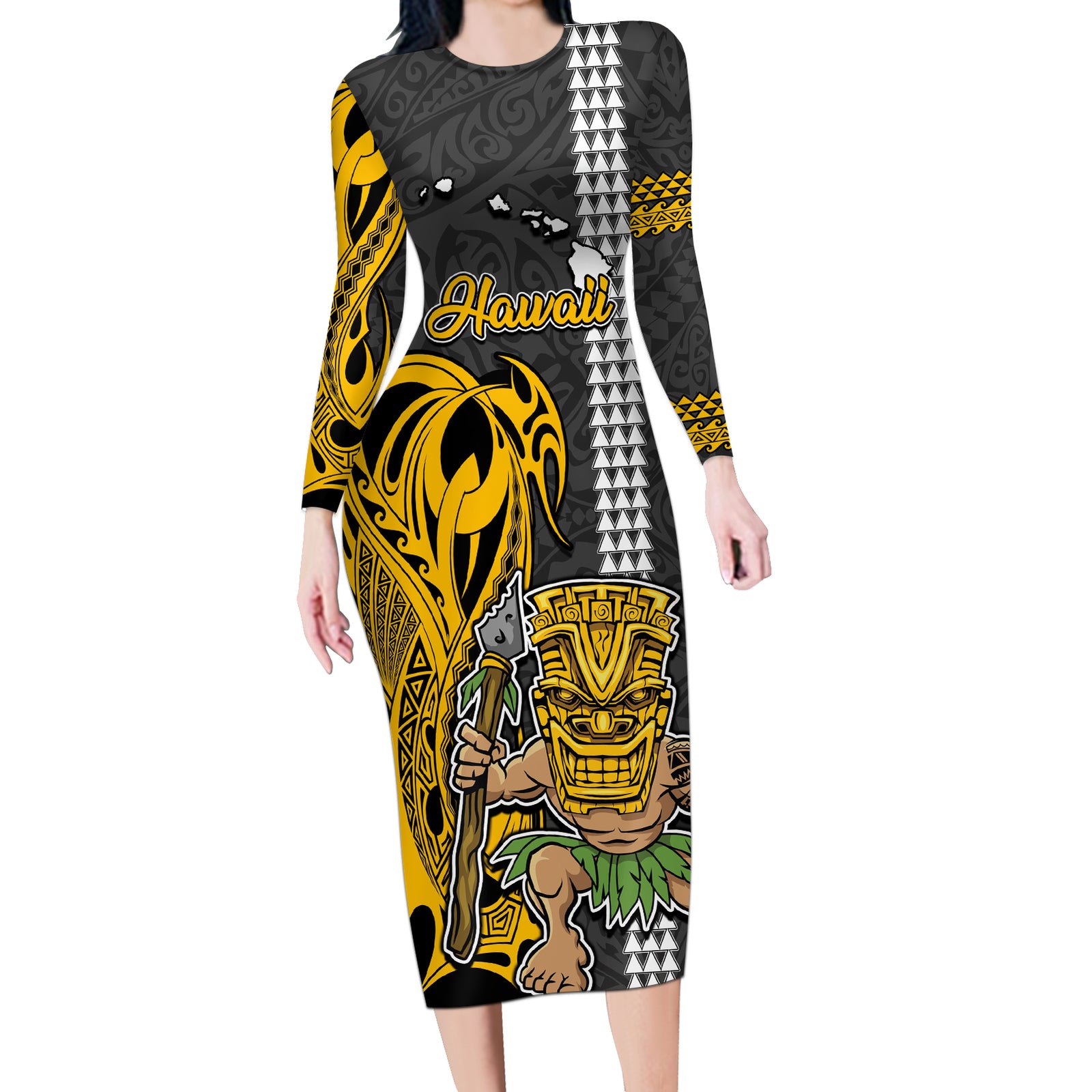 Hawaii Island Long Sleeve Bodycon Dress Hawaiian Warrior and Kakau Symbols Abstract Tattoo LT03 Long Dress Yellow - Polynesian Pride