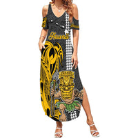 Hawaii Island Summer Maxi Dress Hawaiian Warrior and Kakau Symbols Abstract Tattoo LT03 Women Yellow - Polynesian Pride