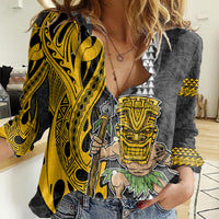 Hawaii Island Women Casual Shirt Hawaiian Warrior and Kakau Symbols Abstract Tattoo LT03 Female Yellow - Polynesian Pride