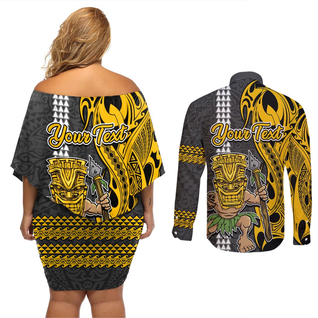 Custom Hawaii Island Couples Matching Off Shoulder Short Dress and Long Sleeve Button Shirts Hawaiian Warrior and Kakau Symbols Abstract Tattoo LT03 - Polynesian Pride