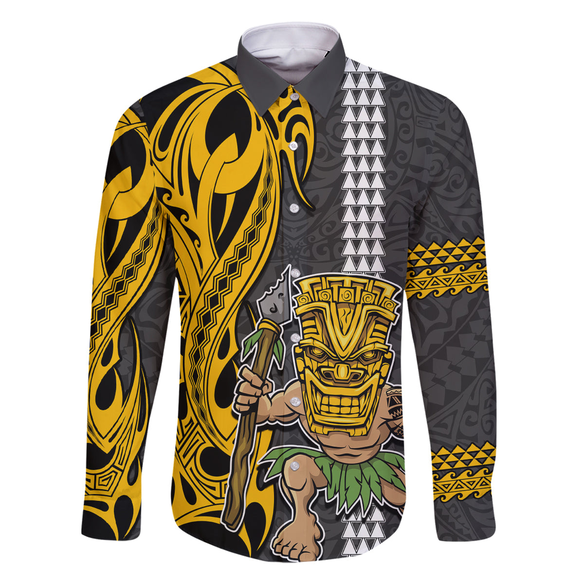 Custom Hawaii Island Family Matching Off Shoulder Long Sleeve Dress and Hawaiian Shirt Hawaiian Warrior and Kakau Symbols Abstract Tattoo LT03 Dad's Shirt - Long Sleeve Yellow - Polynesian Pride