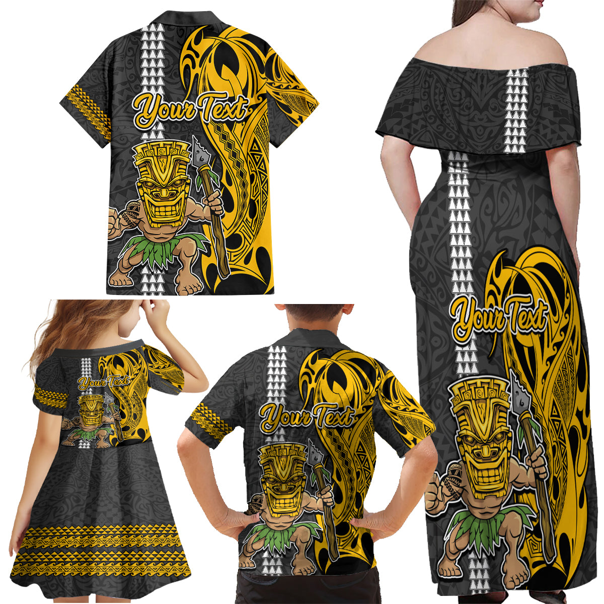 Custom Hawaii Island Family Matching Off Shoulder Maxi Dress and Hawaiian Shirt Hawaiian Warrior and Kakau Symbols Abstract Tattoo LT03 - Polynesian Pride