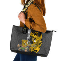 Custom Hawaii Island Leather Tote Bag Hawaiian Warrior and Kakau Symbols Abstract Tattoo LT03 Yellow - Polynesian Pride