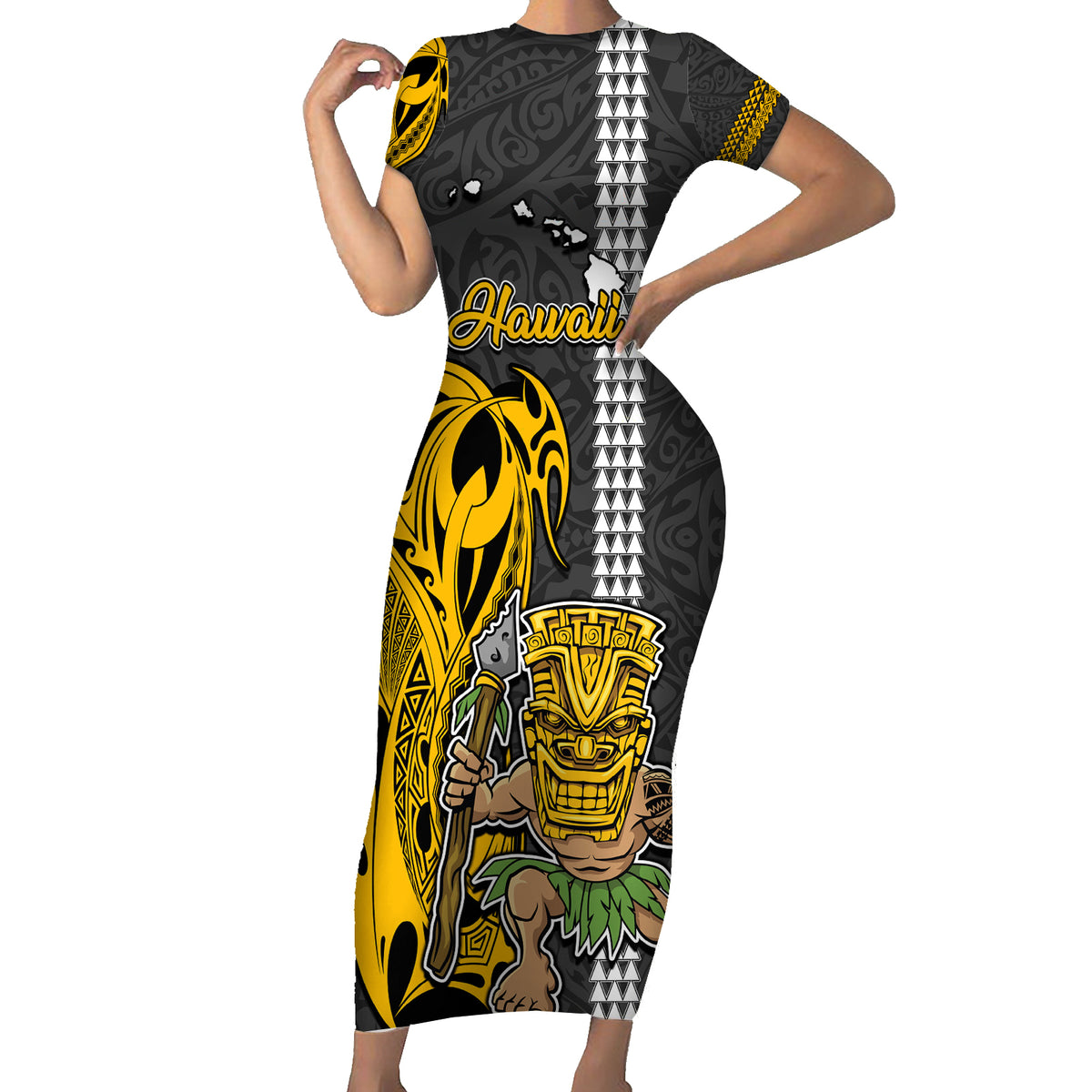 Custom Hawaii Island Short Sleeve Bodycon Dress Hawaiian Warrior and Kakau Symbols Abstract Tattoo LT03 Long Dress Yellow - Polynesian Pride