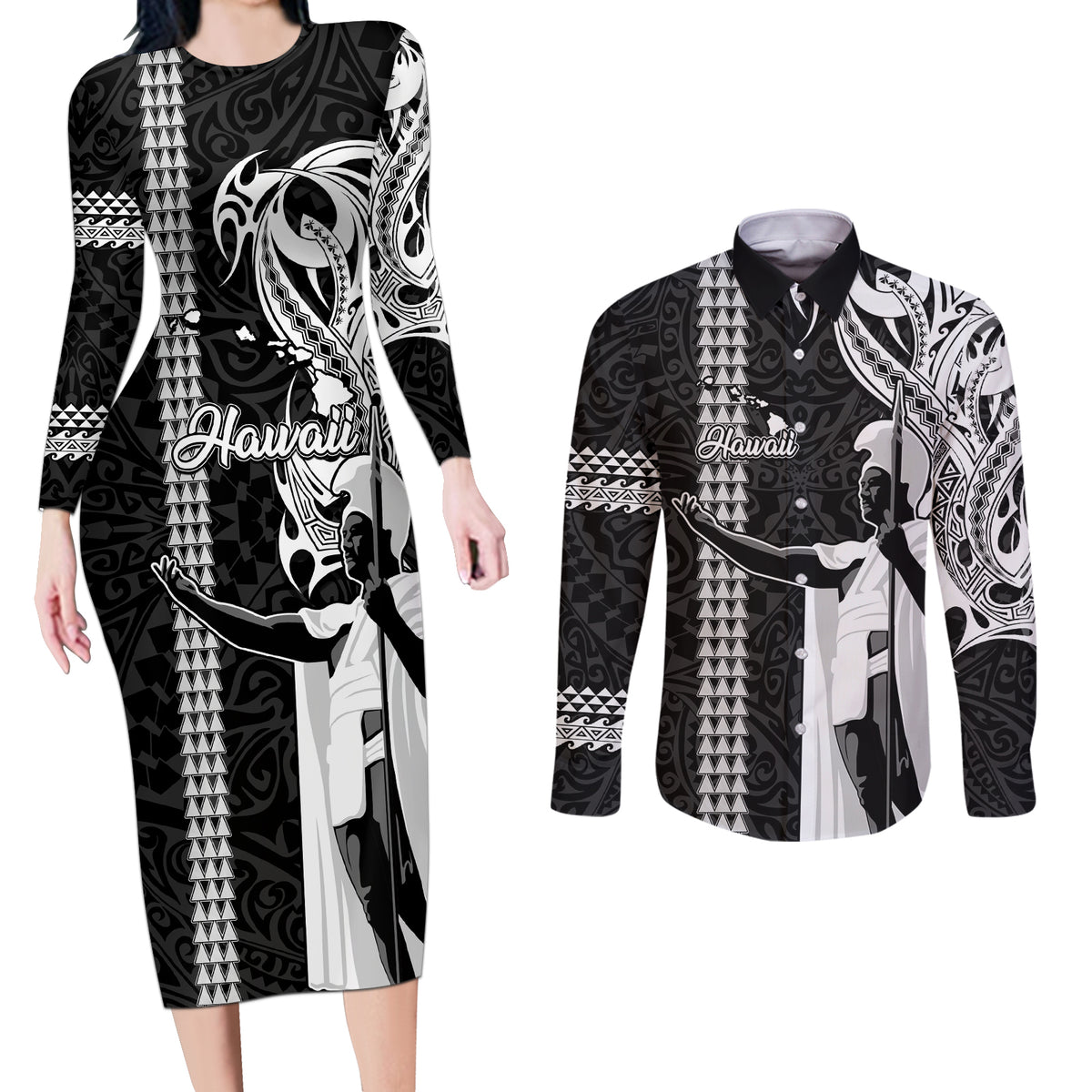Hawaii Island Couples Matching Long Sleeve Bodycon Dress and Long Sleeve Button Shirts Hawaiian King and Kakau Symbols Abstract Shoulder Tattoo LT03 Black - Polynesian Pride
