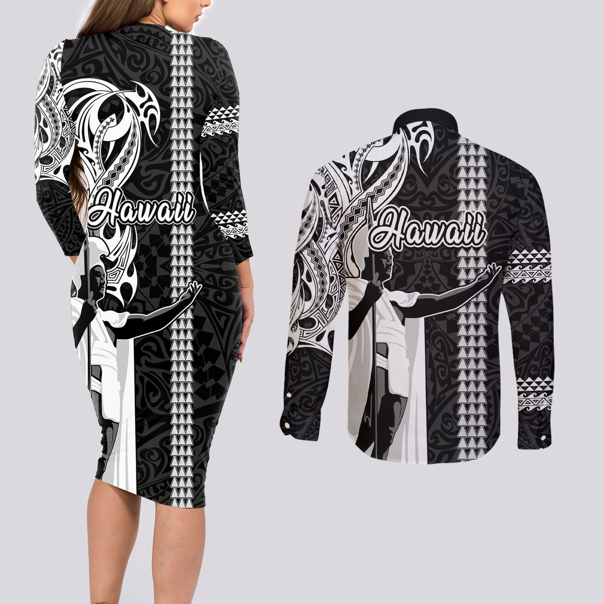 Hawaii Island Couples Matching Long Sleeve Bodycon Dress and Long Sleeve Button Shirts Hawaiian King and Kakau Symbols Abstract Shoulder Tattoo LT03 - Polynesian Pride