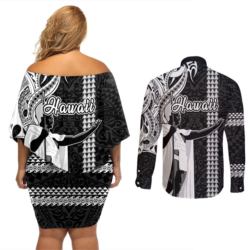 Hawaii Island Couples Matching Off Shoulder Short Dress and Long Sleeve Button Shirts Hawaiian King and Kakau Symbols Abstract Shoulder Tattoo LT03 - Polynesian Pride