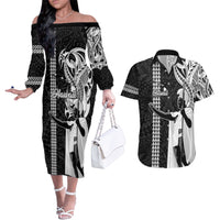 Hawaii Island Couples Matching Off The Shoulder Long Sleeve Dress and Hawaiian Shirt Hawaiian King and Kakau Symbols Abstract Shoulder Tattoo LT03 Black - Polynesian Pride