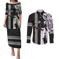 Hawaii Island Couples Matching Puletasi Dress and Long Sleeve Button Shirts Hawaiian King and Kakau Symbols Abstract Shoulder Tattoo LT03 Black - Polynesian Pride