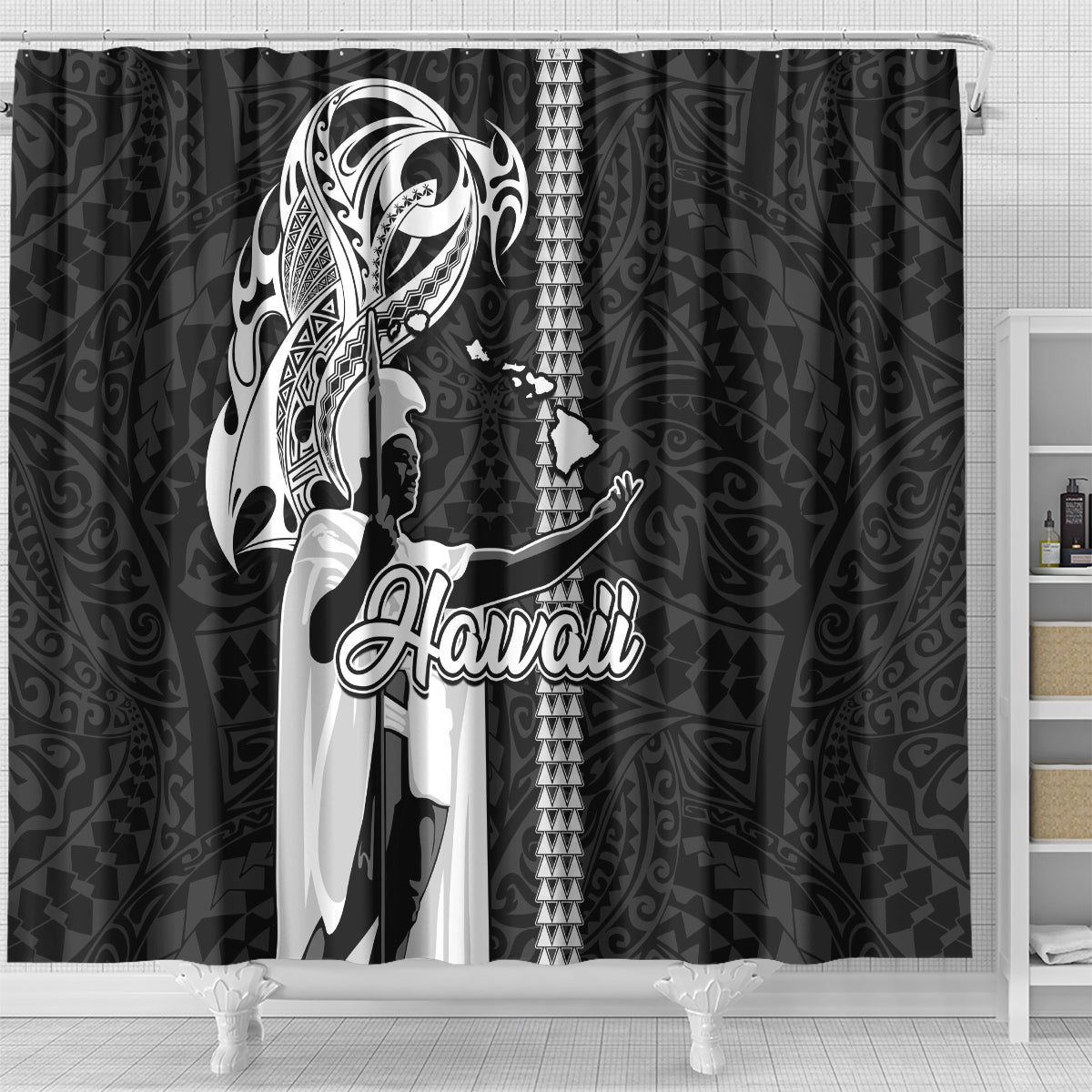 Hawaii Island Shower Curtain Hawaiian King and Kakau Symbols Abstract Shoulder Tattoo LT03 - Polynesian Pride