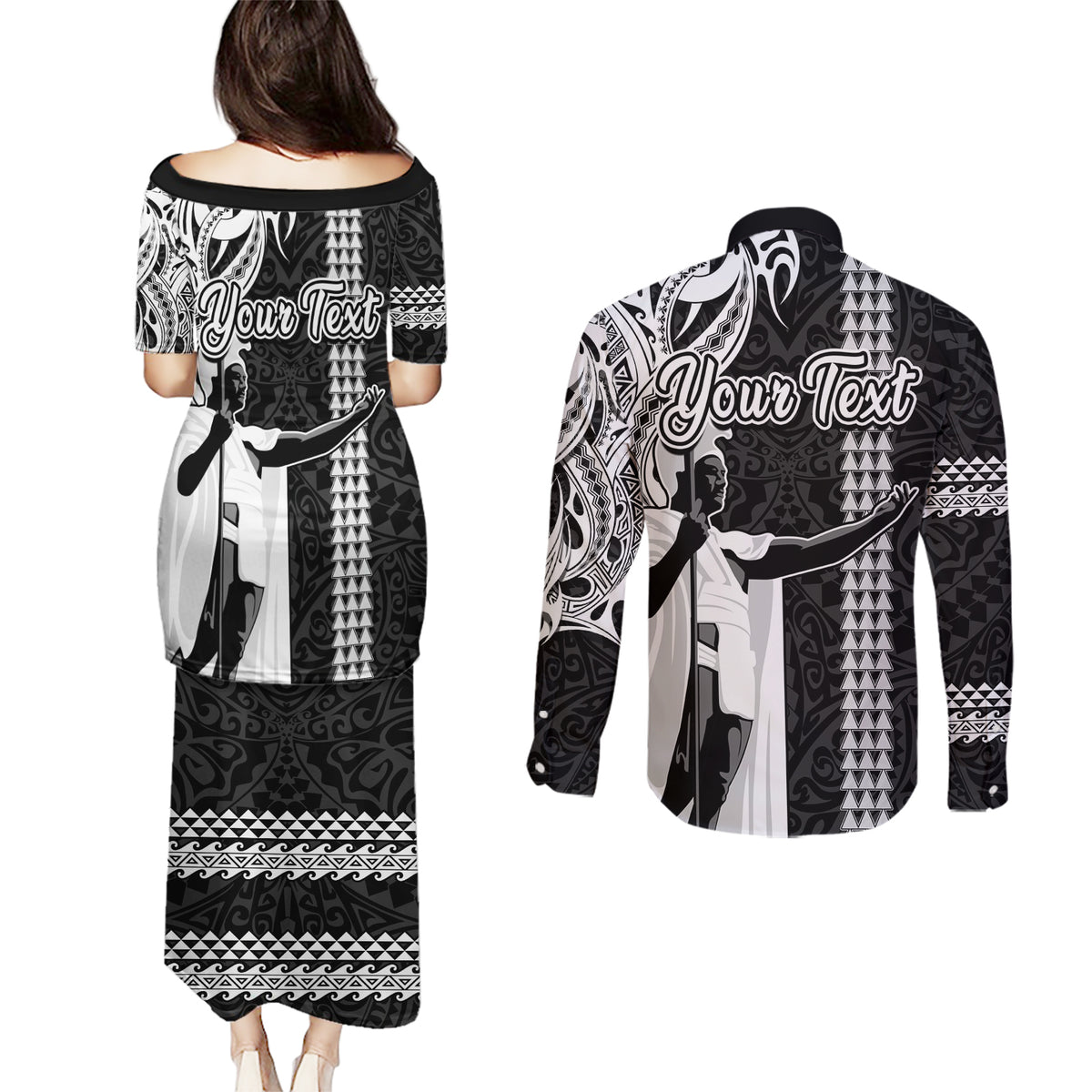 Custom Hawaii Island Couples Matching Puletasi Dress and Long Sleeve Button Shirts Hawaiian King and Kakau Symbols Abstract Shoulder Tattoo LT03 - Polynesian Pride
