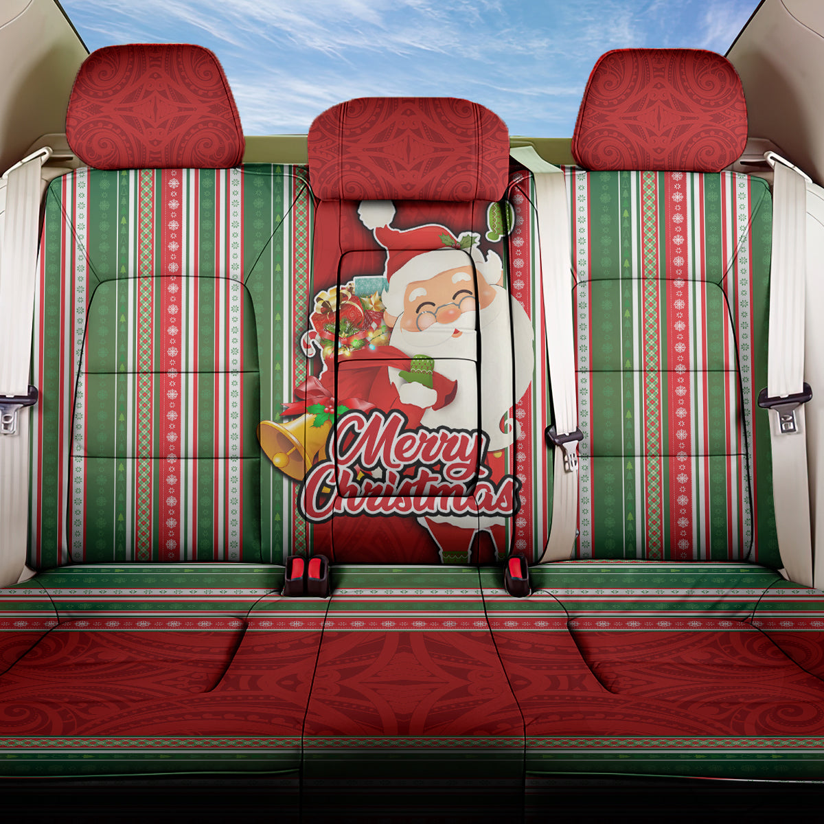 Kiribati Christmas Back Car Seat Cover Santa With Gift Bag Behind Ribbons Seamless Red Maori LT03 One Size Red - Polynesian Pride