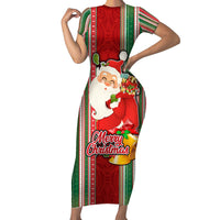 Kiribati Christmas Family Matching Short Sleeve Bodycon Dress and Hawaiian Shirt Santa With Gift Bag Behind Ribbons Seamless Red Maori LT03 Mom's Dress Red - Polynesian Pride