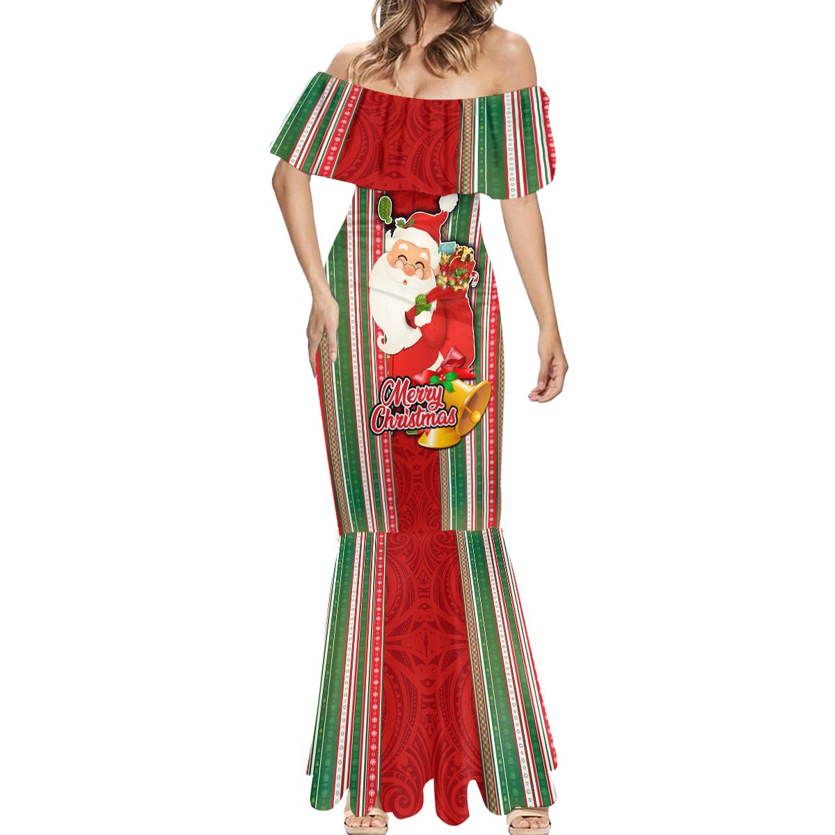 Kiribati Christmas Mermaid Dress Santa With Gift Bag Behind Ribbons Seamless Red Maori LT03 - Polynesian Pride