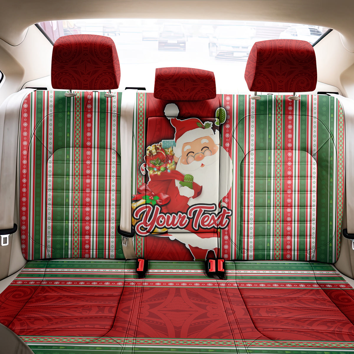 Custom Kiribati Christmas Back Car Seat Cover Santa With Gift Bag Behind Ribbons Seamless Red Maori LT03 - Polynesian Pride