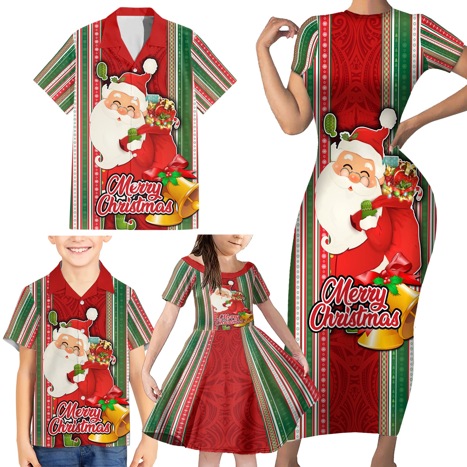 Custom Kiribati Christmas Family Matching Short Sleeve Bodycon Dress and Hawaiian Shirt Santa With Gift Bag Behind Ribbons Seamless Red Maori LT03 - Polynesian Pride