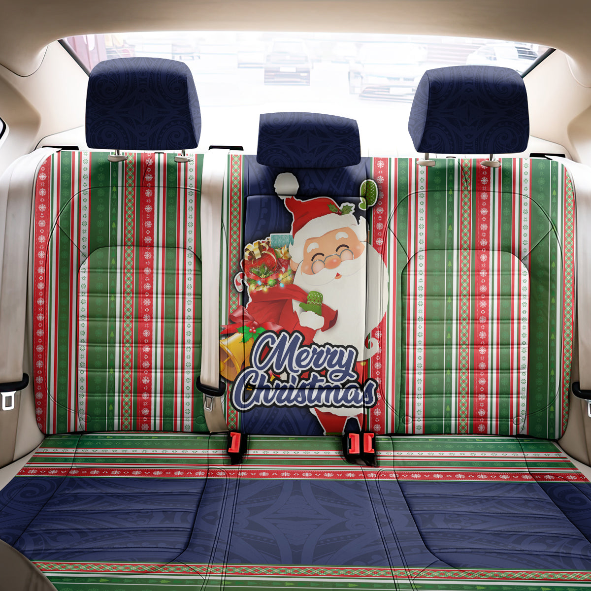 Kiribati Christmas Back Car Seat Cover Santa With Gift Bag Behind Ribbons Seamless Blue Maori LT03 - Polynesian Pride