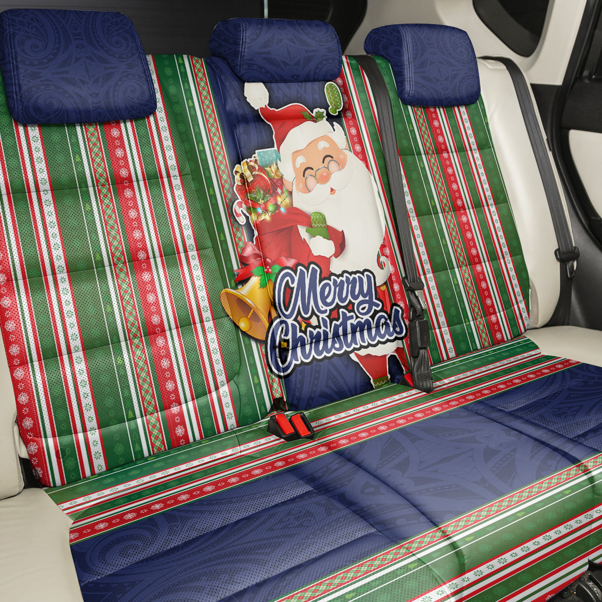 Kiribati Christmas Back Car Seat Cover Santa With Gift Bag Behind Ribbons Seamless Blue Maori LT03 - Polynesian Pride