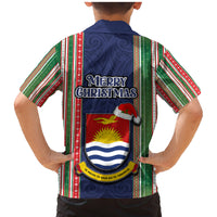 Kiribati Christmas Family Matching Mermaid Dress and Hawaiian Shirt Santa With Gift Bag Behind Ribbons Seamless Blue Maori LT03 - Polynesian Pride