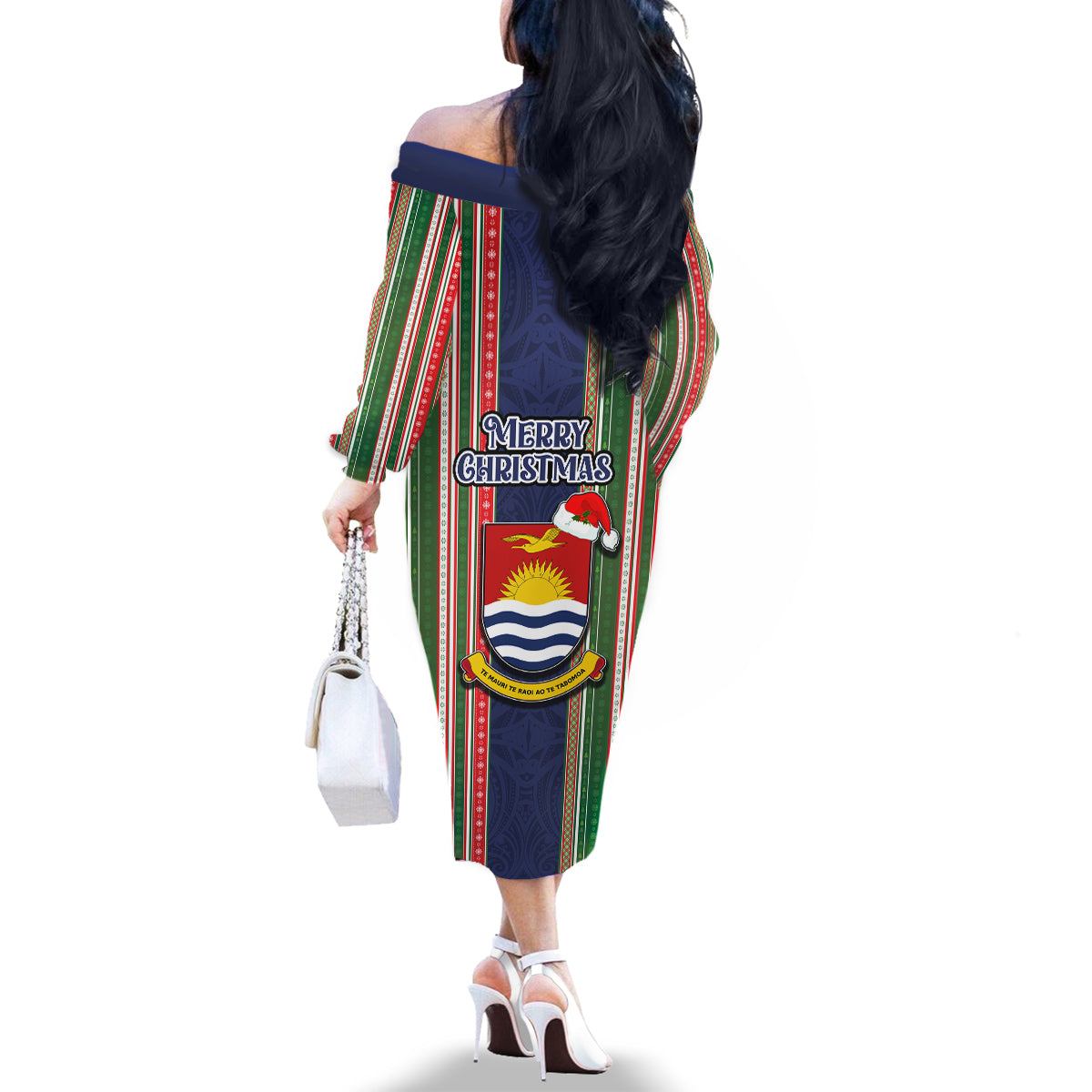 Kiribati Christmas Family Matching Off Shoulder Long Sleeve Dress and Hawaiian Shirt Santa With Gift Bag Behind Ribbons Seamless Blue Maori LT03 - Polynesian Pride