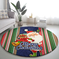 Kiribati Christmas Round Carpet Santa With Gift Bag Behind Ribbons Seamless Blue Maori LT03 - Polynesian Pride