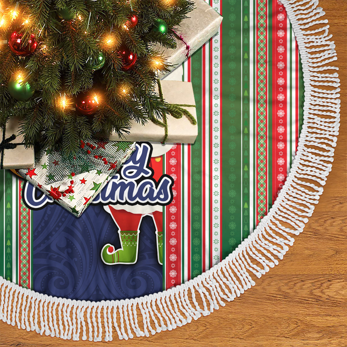 Kiribati Christmas Tree Skirt Santa With Gift Bag Behind Ribbons Seamless Blue Maori LT03 - Polynesian Pride