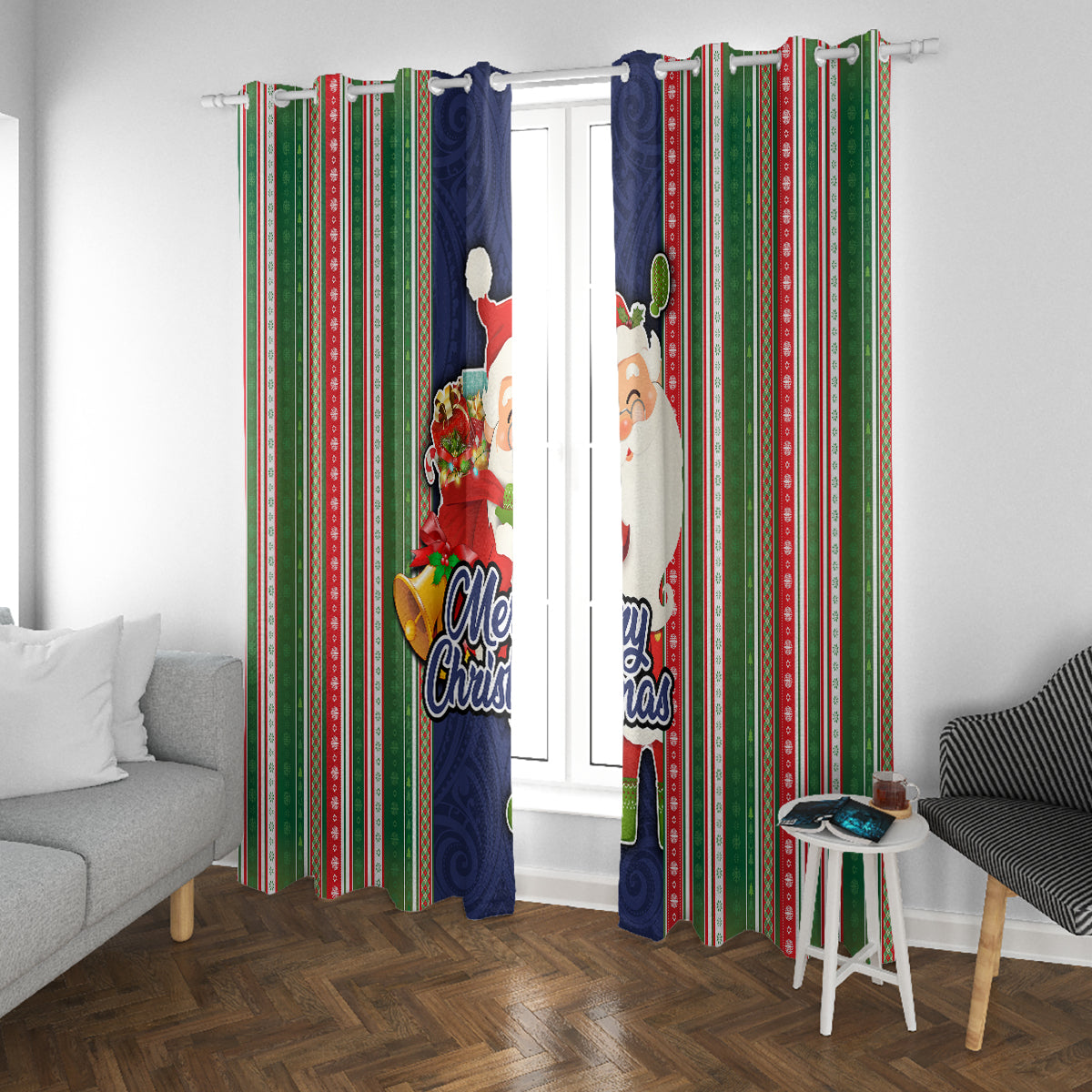 Kiribati Christmas Window Curtain Santa With Gift Bag Behind Ribbons Seamless Blue Maori LT03 With Grommets Blue - Polynesian Pride