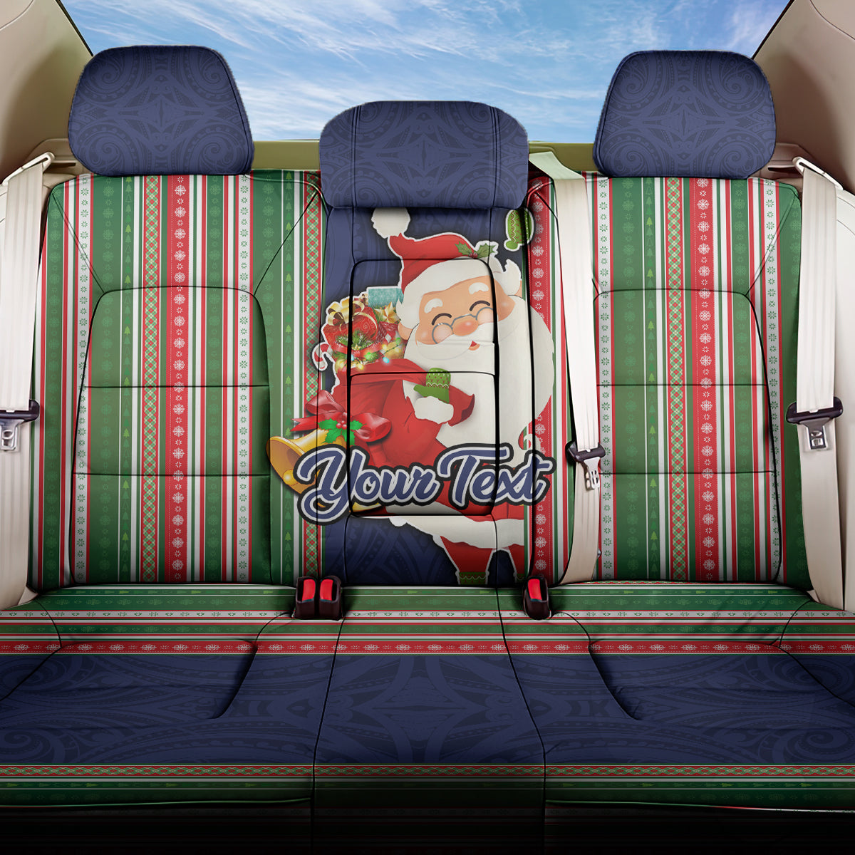 Custom Kiribati Christmas Back Car Seat Cover Santa With Gift Bag Behind Ribbons Seamless Blue Maori LT03 One Size Blue - Polynesian Pride