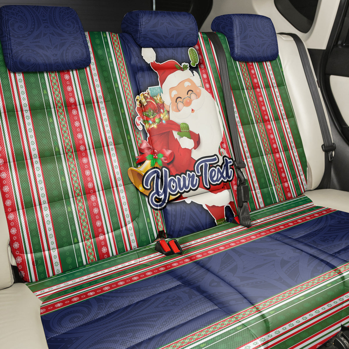 Custom Kiribati Christmas Back Car Seat Cover Santa With Gift Bag Behind Ribbons Seamless Blue Maori LT03 - Polynesian Pride