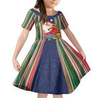 Custom Kiribati Christmas Family Matching Off Shoulder Short Dress and Hawaiian Shirt Santa With Gift Bag Behind Ribbons Seamless Blue Maori LT03 Daughter's Dress Blue - Polynesian Pride