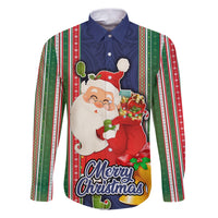 Custom Kiribati Christmas Family Matching Puletasi Dress and Hawaiian Shirt Santa With Gift Bag Behind Ribbons Seamless Blue Maori LT03 Dad's Shirt - Long Sleeve Blue - Polynesian Pride