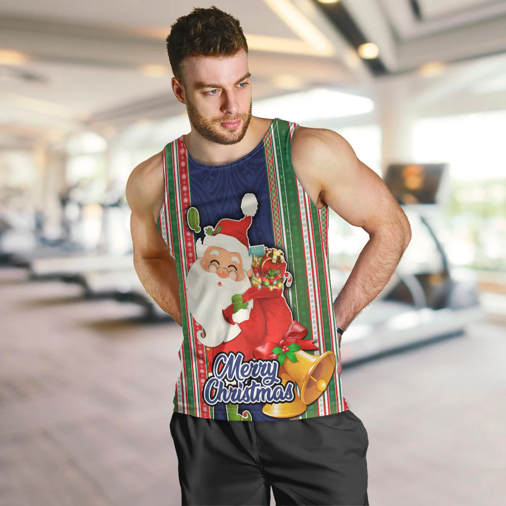 Custom Kiribati Christmas Men Tank Top Santa With Gift Bag Behind Ribbons Seamless Blue Maori LT03 - Polynesian Pride