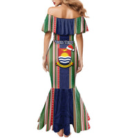 Custom Kiribati Christmas Mermaid Dress Santa With Gift Bag Behind Ribbons Seamless Blue Maori LT03 - Polynesian Pride