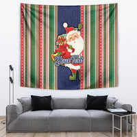 Custom Kiribati Christmas Tapestry Santa With Gift Bag Behind Ribbons Seamless Blue Maori LT03 - Polynesian Pride