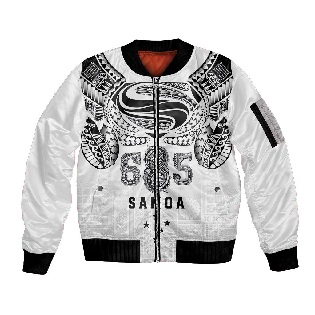 Super Samoa 685 Tribal Tattoo Sleeve Zip Bomber Jacket Siapo Pattern White Edition LT03 Unisex White - Polynesian Pride