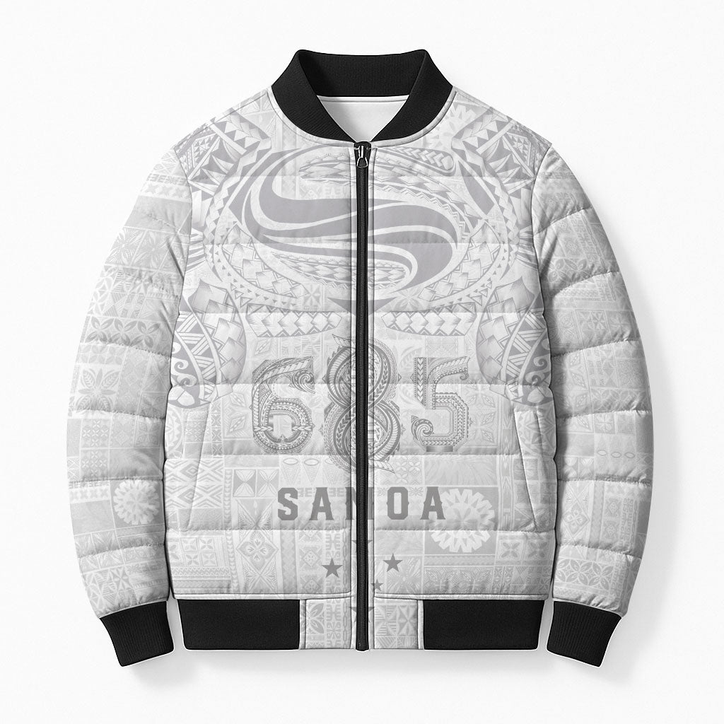 Super Samoa 685 Tribal Tattoo Bomber Puffer Jacket Siapo Pattern All-White Edition LT03 Unisex White - Polynesian Pride