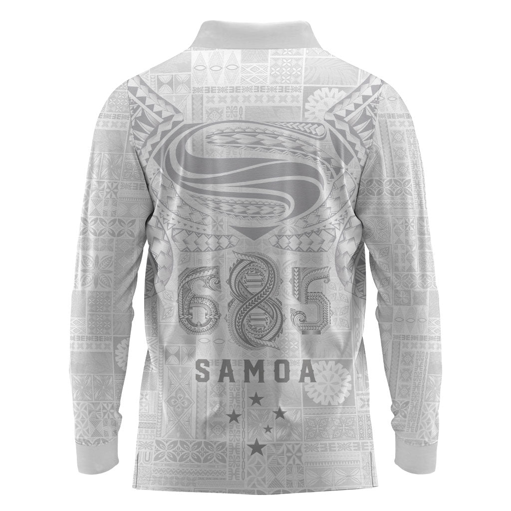Super Samoa 685 Tribal Tattoo Long Sleeve Polo Shirt Siapo Pattern All-White Edition LT03 - Polynesian Pride