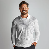 Super Samoa 685 Tribal Tattoo Long Sleeve Polo Shirt Siapo Pattern All-White Edition LT03 - Polynesian Pride